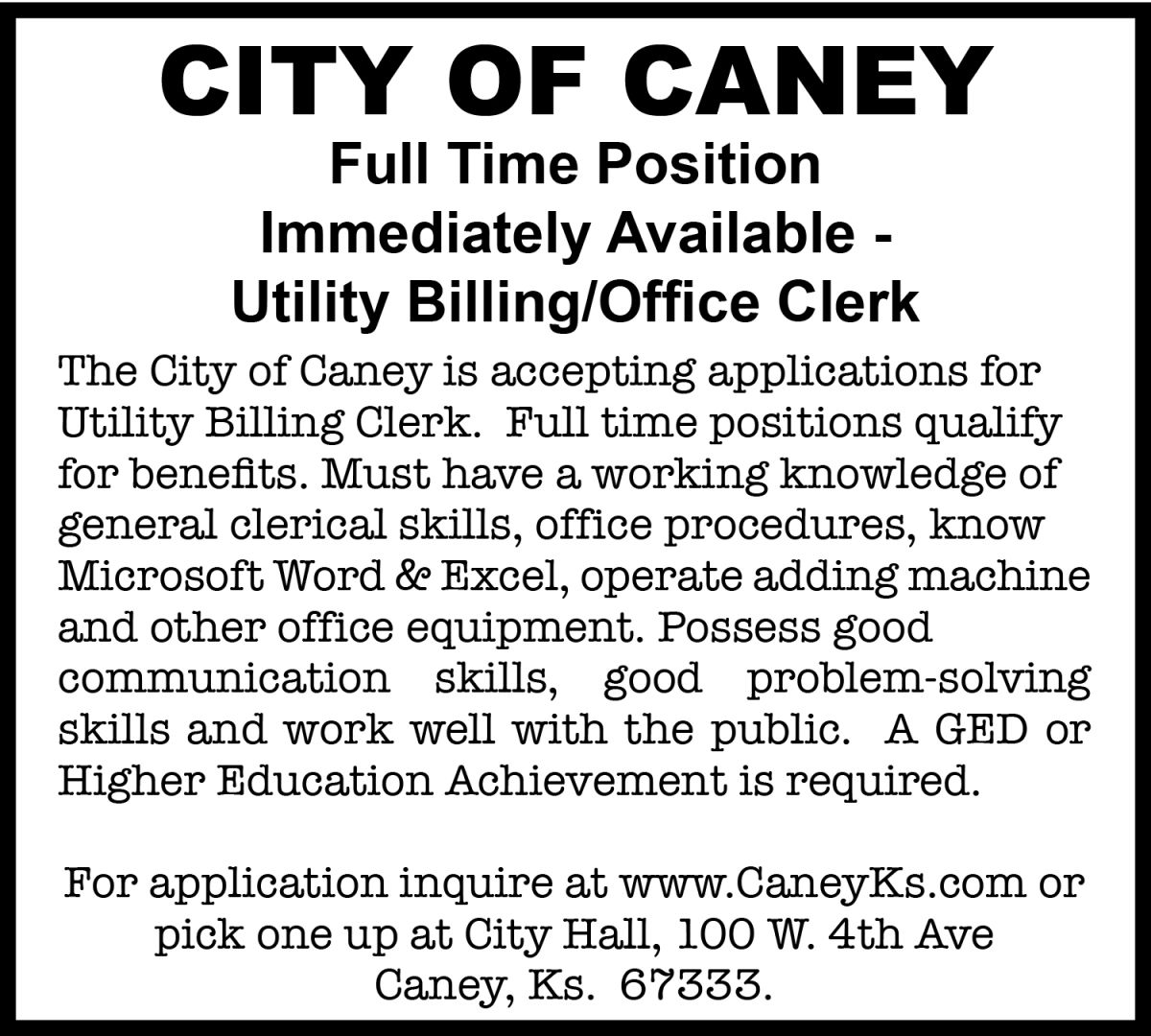 Utility Billing Clerk Opening